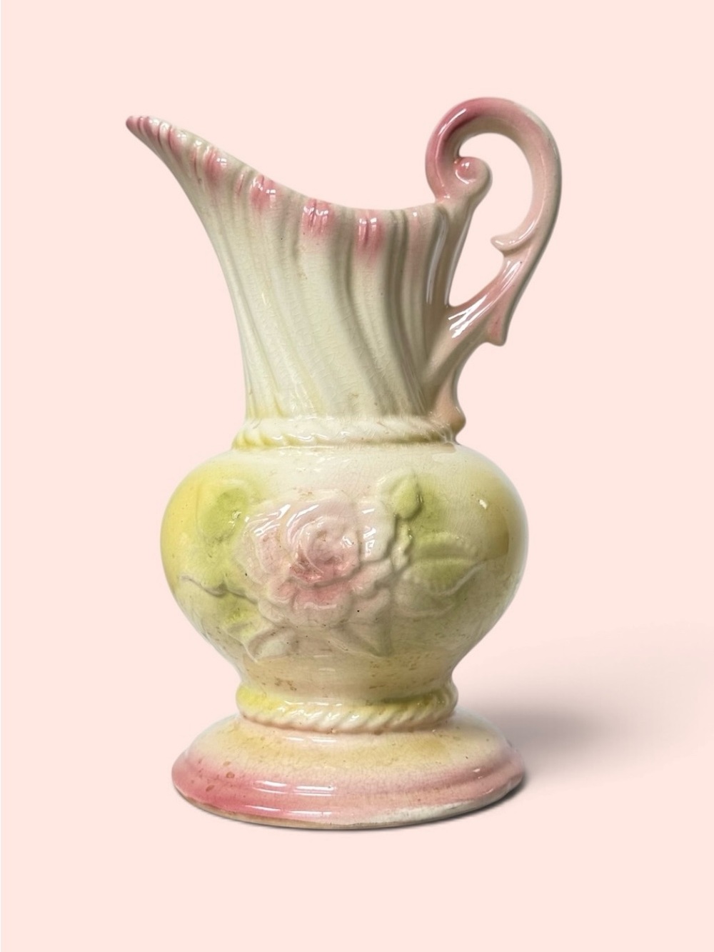 Hand-Painted Ceramic Pitcher Vase in Pink and Pale Yellow
